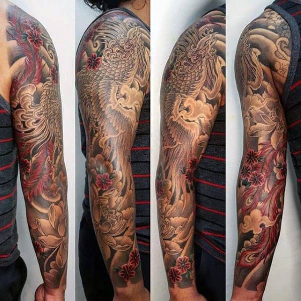 black-and-red-japanese-phoenix-sleeve-tattoo-ideas-for-men