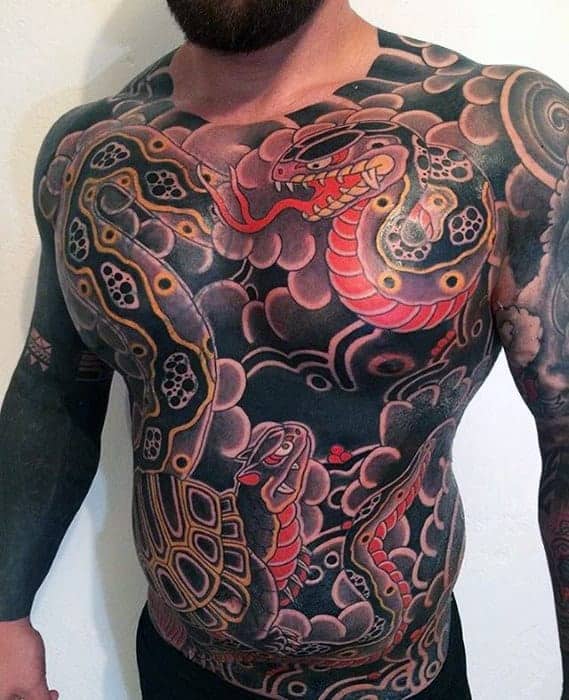 mens-japanese-snakes-full-chest-tattoo