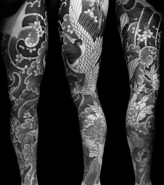 shaded-japanese-crane-full-leg-sleeve-mens-tattoos