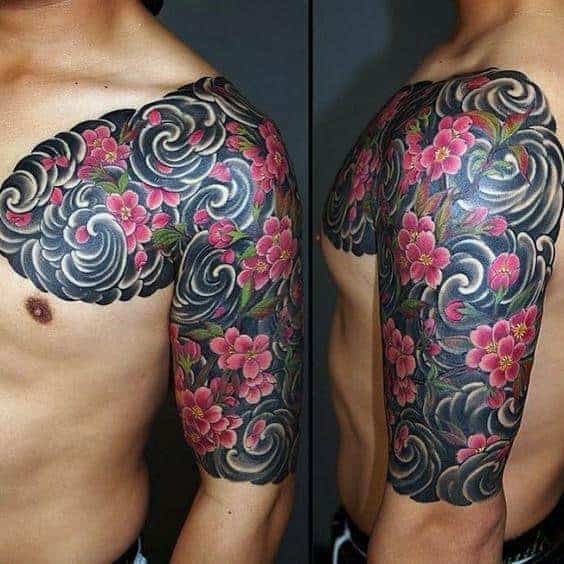 wind-with-cherry-blossom-flowers-mens-half-sleeve-japanese-tattoo